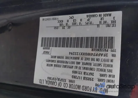 1999 Ford Crown Victoria Lx из США, поврежденный, VIN 2FAFP74W0XX123294